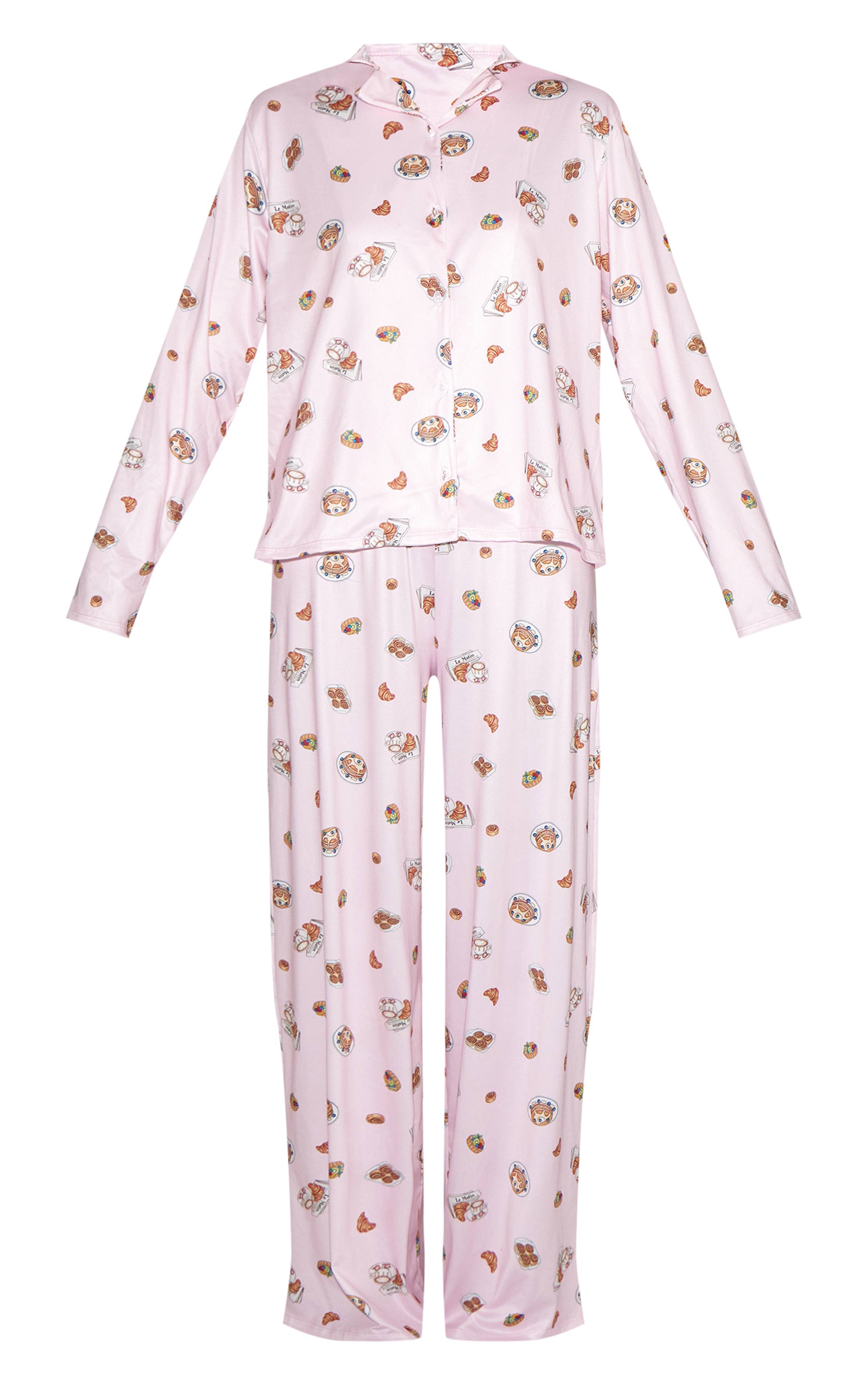 Rose Poudré Ensemble De Pyjama Imprimé À Manches Longues Avec Boutonnage
