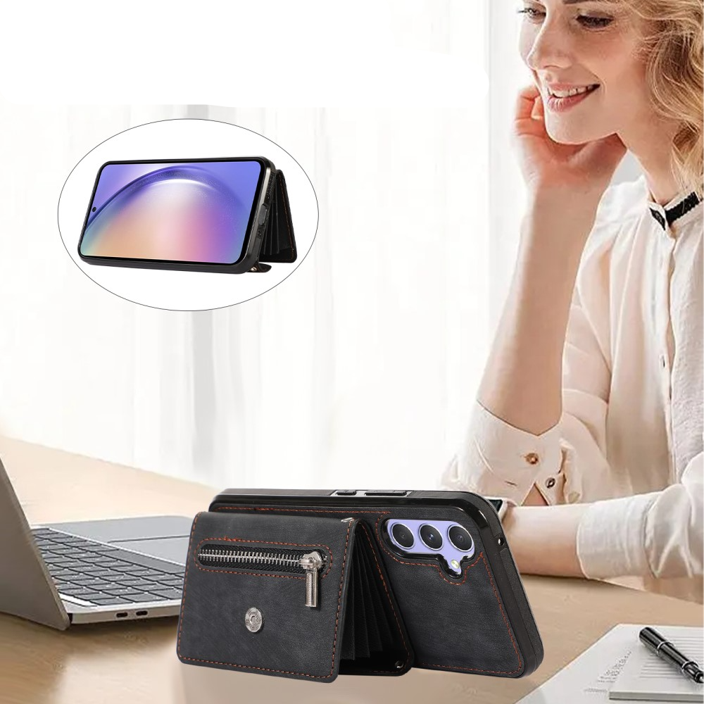 Samsung Galaxy A54 5G Necklace Leder Schutz Hülle mit Kartenfächer   Handykette (RFID Schutz) - Schwarz