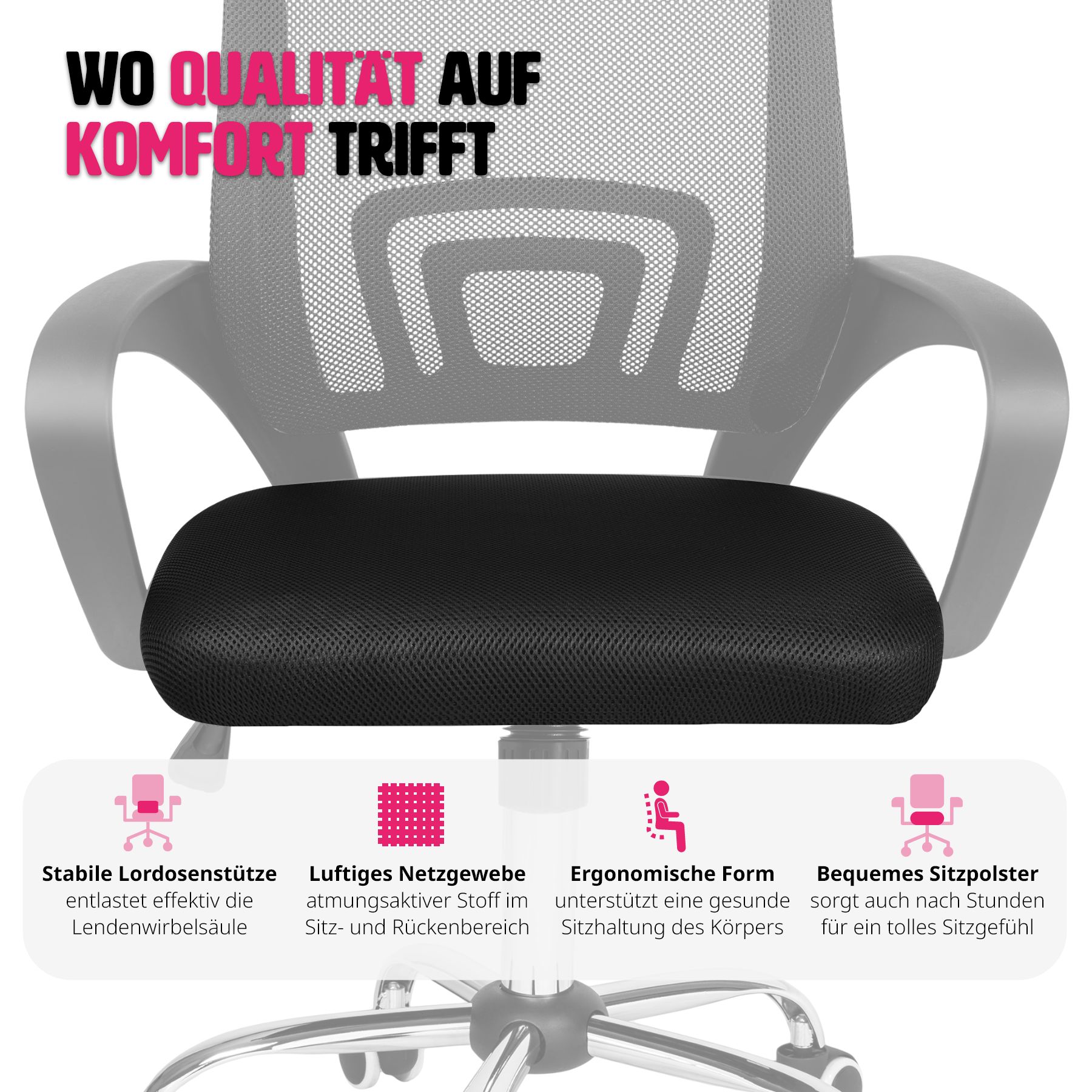 tectake® Bürostuhl, ergonomische Form mit Lordosenstütze, mit Netzstoffbezug, geschwungene Armlehnen, stufenlos höhenverstellbar