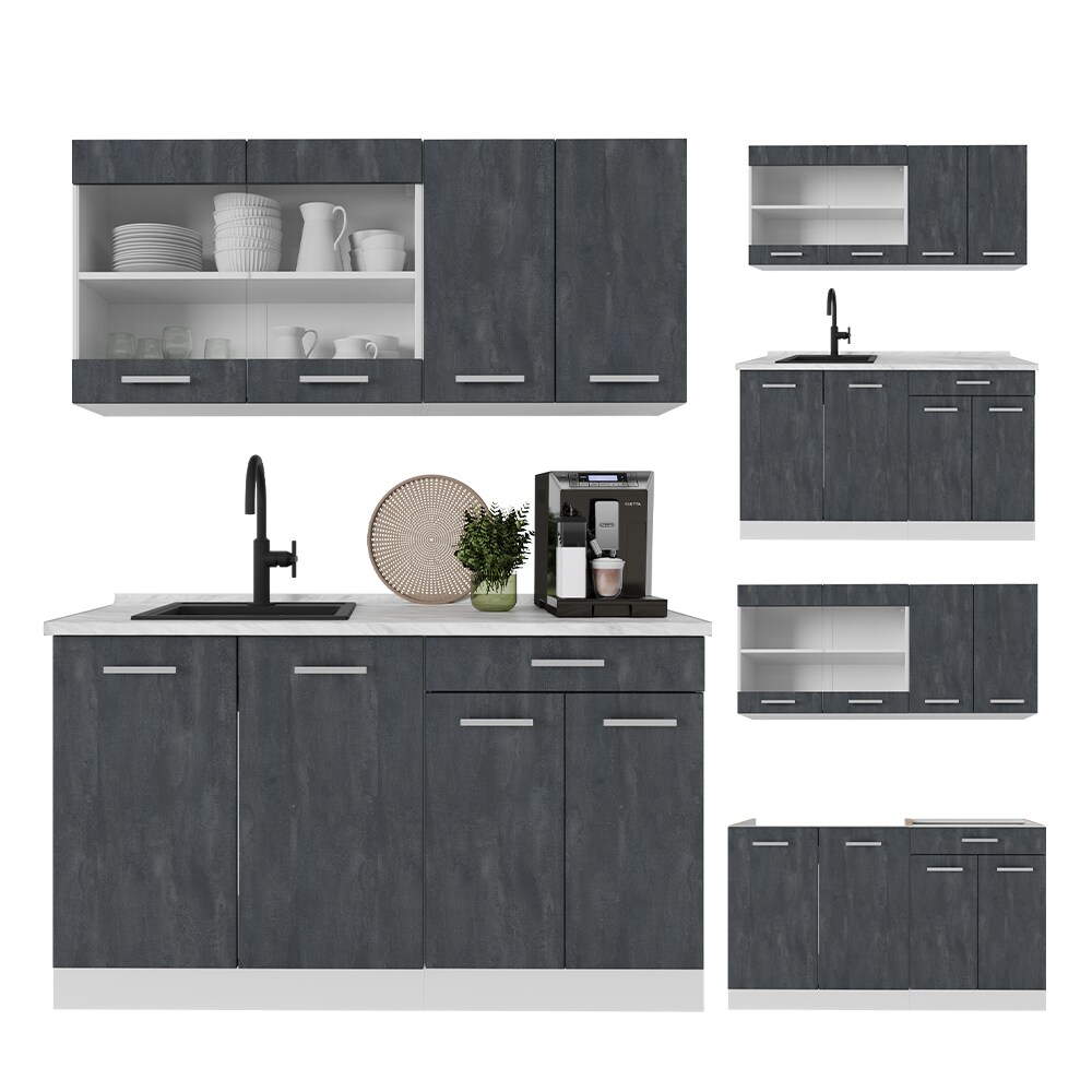 Vicco Singleküche R-Line 140 cm Schwarz Beton Weiß ohne Arbeitsplatte