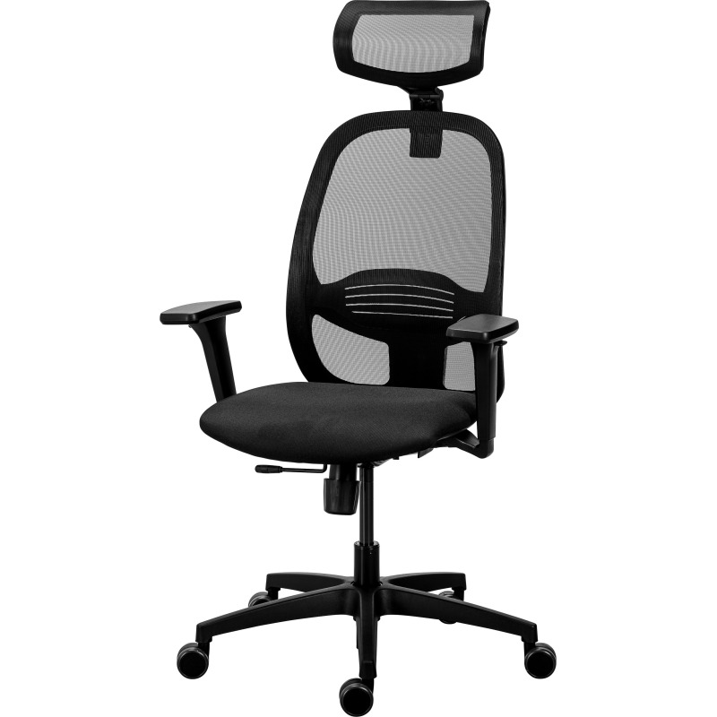 Chaise de bureau ergonomique NODI Noir, tissu et maille, avec accoudoirs 3D et appui-tête, mécanisme synchrone + réglage profondeur d'assise, pieds noirs
