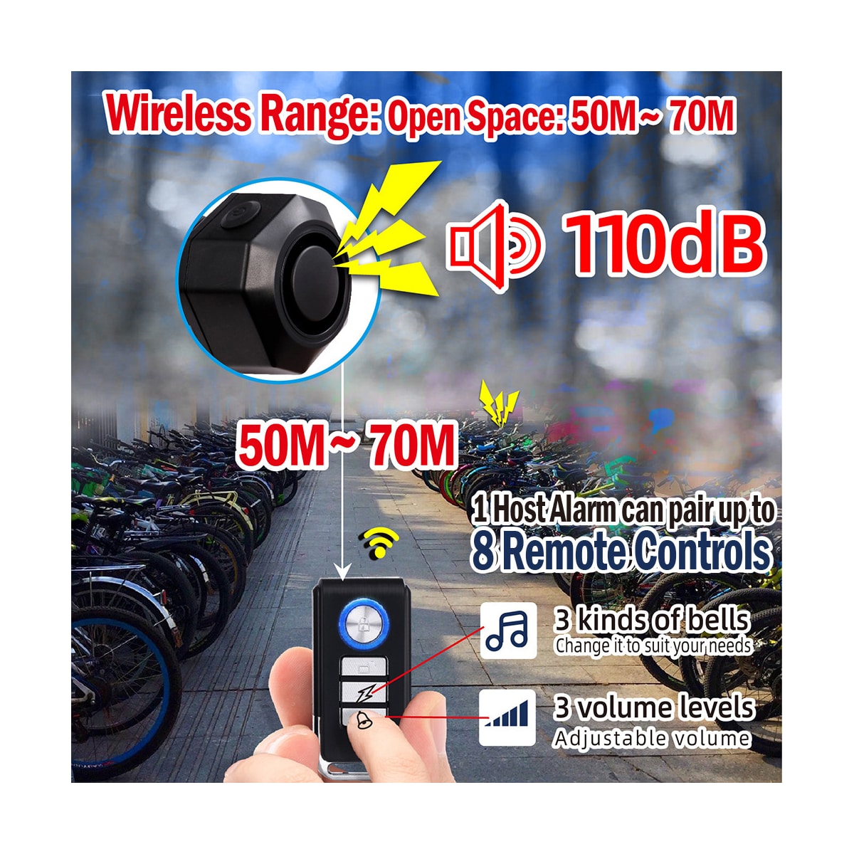 Oppladbar sykkelalarm med fjernkontroll 110dB Sort