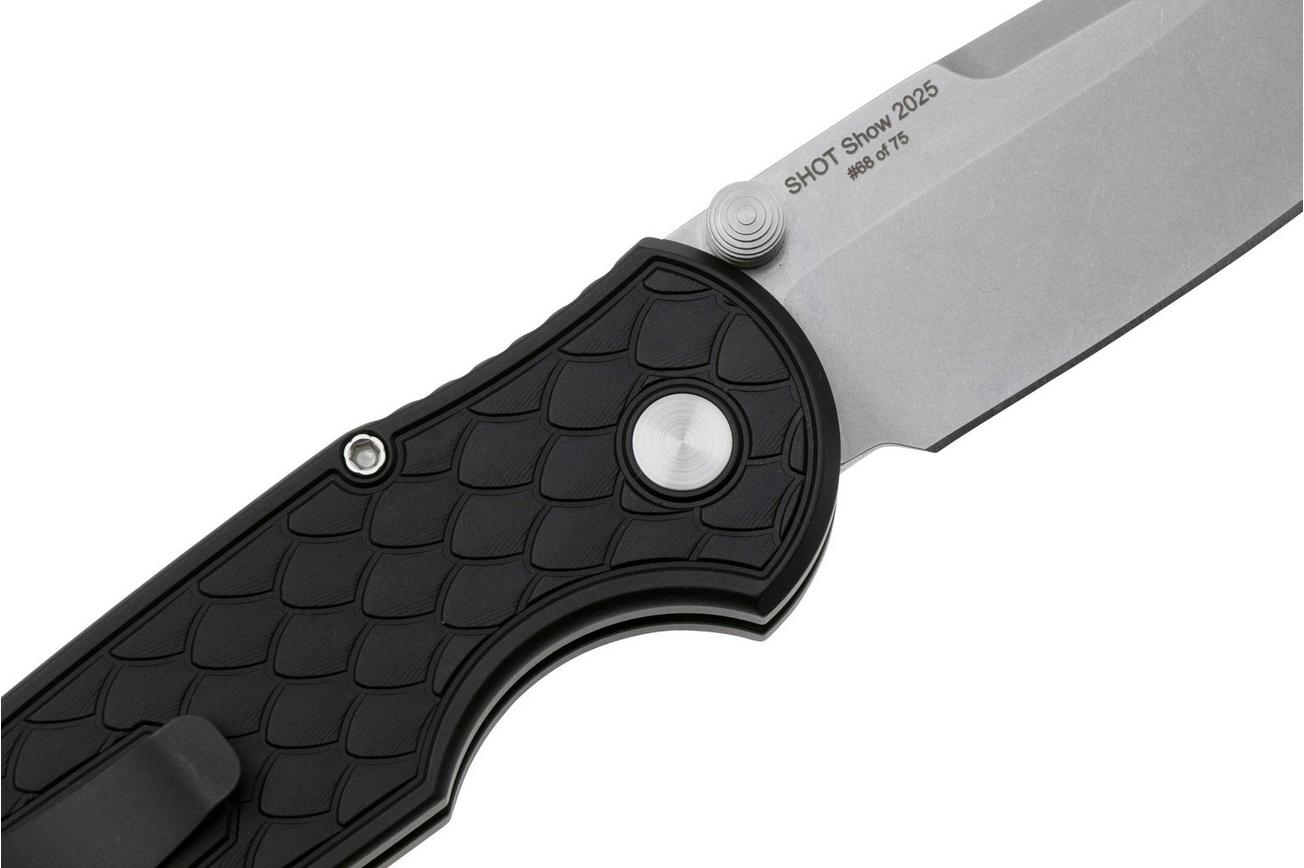 Pro-Tech TR-3 Integrity 2025-SHOT-INT1, Stonewashed S35VN, Reptile Black Aluminum, Gold Lip Pearl Button, zakmes