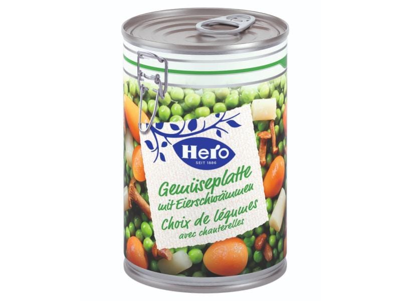 Hero Dose Gemüseplatte mit Eierschwämme 420 g Fixfertige Mischung aus Erbsen, Karotten, Schwarzwurzeln und Eierschwämme