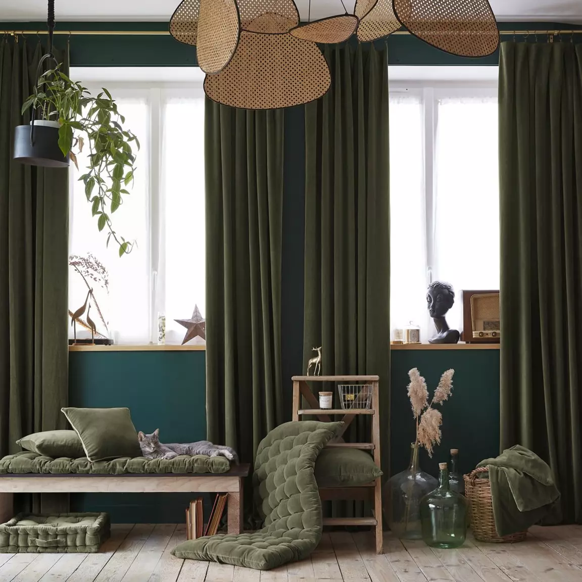 Rideau velours de coton ajustable (140 x max 270 cm) César Vert thym