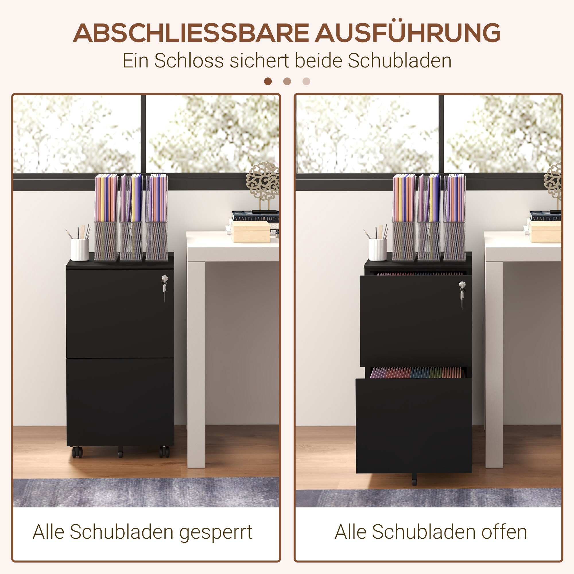 Vinsetto Rollcontainer mit 2 verschließbaren Schubladen schwarz 37L x 43,5B x 67,5H cm