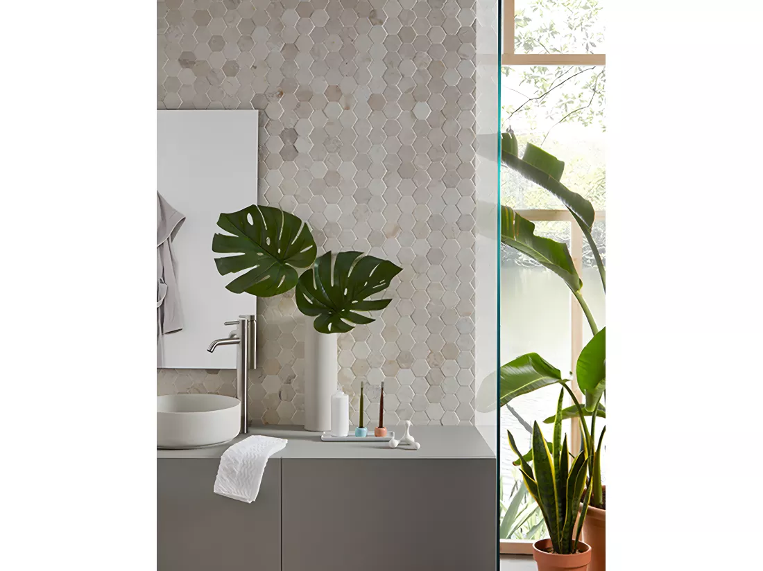 Carrelage mosaïque / Plaque de mosaïque mur et sol en marbre naturel coloris blanc - 33 x 33 cm