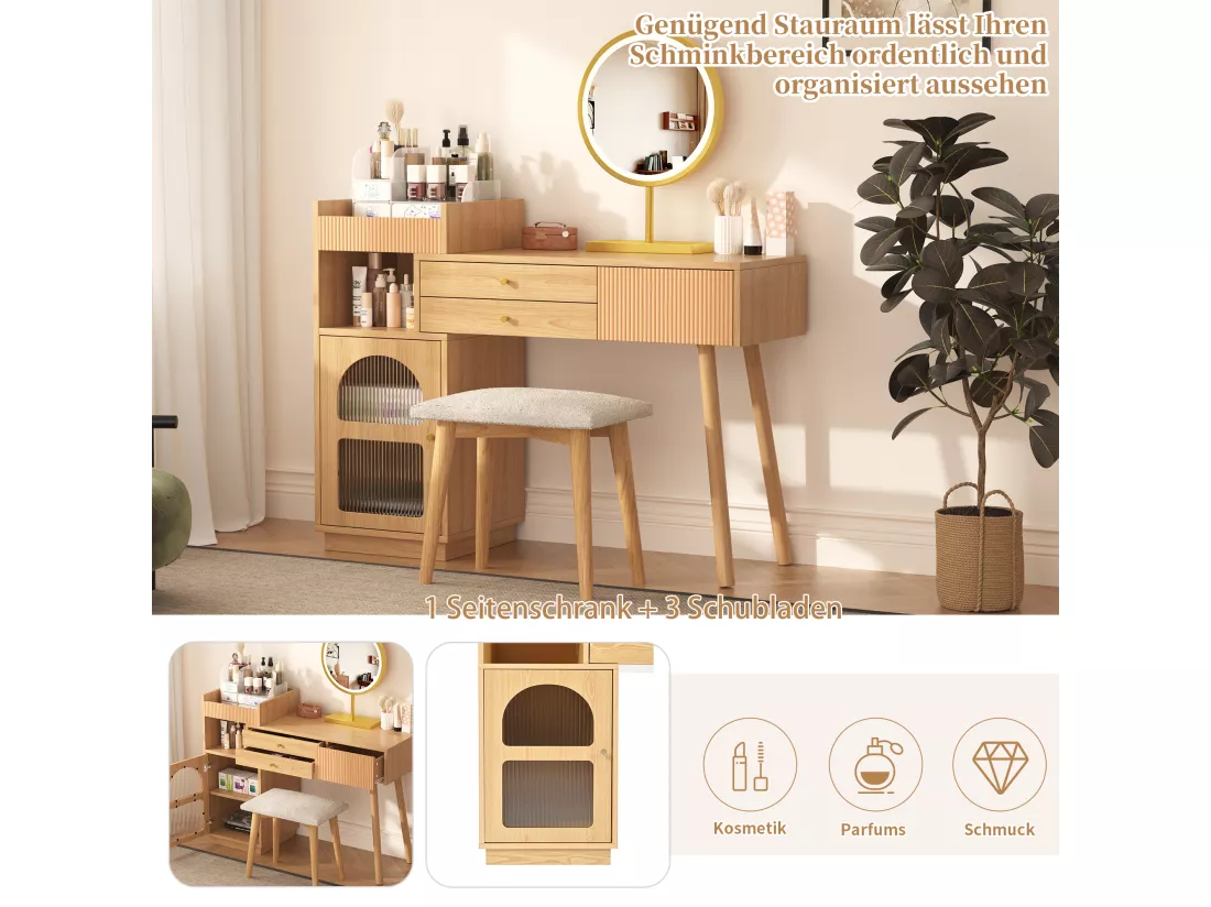 Coiffeuse avec miroir à LEDs avec 3 tiroirs et armoire latérale - Panneaux de particules - Coloris naturel