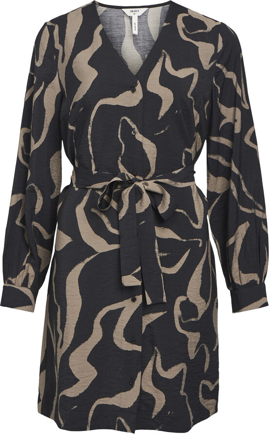 Object OBJJACIRA L/S V-NECK SHORT DRESS DI Black/desert taupe abstract flower