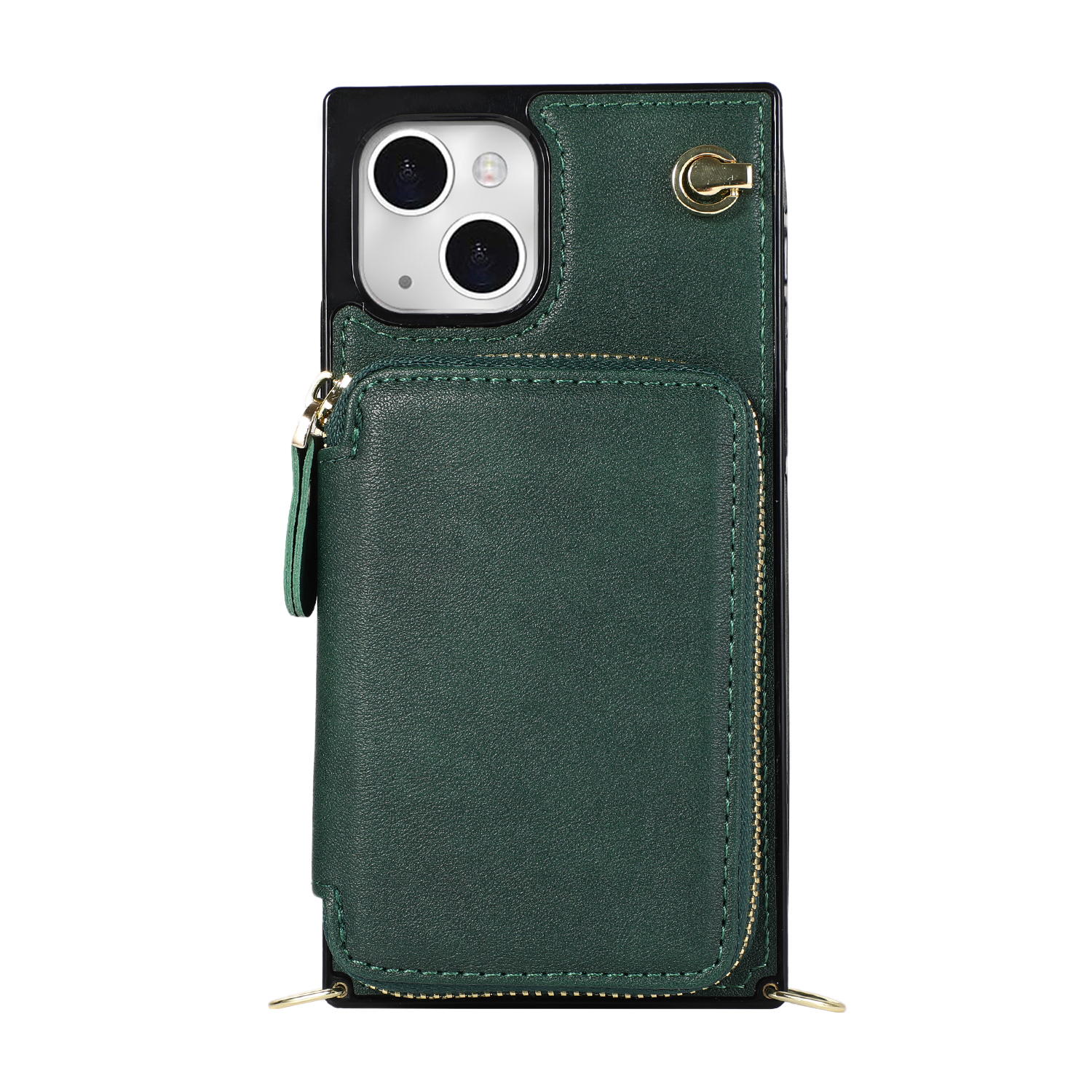 iPhone 13 Necklace Leder Schutz Hülle mit Kartenfächer   Handykette (140cm) - Grün