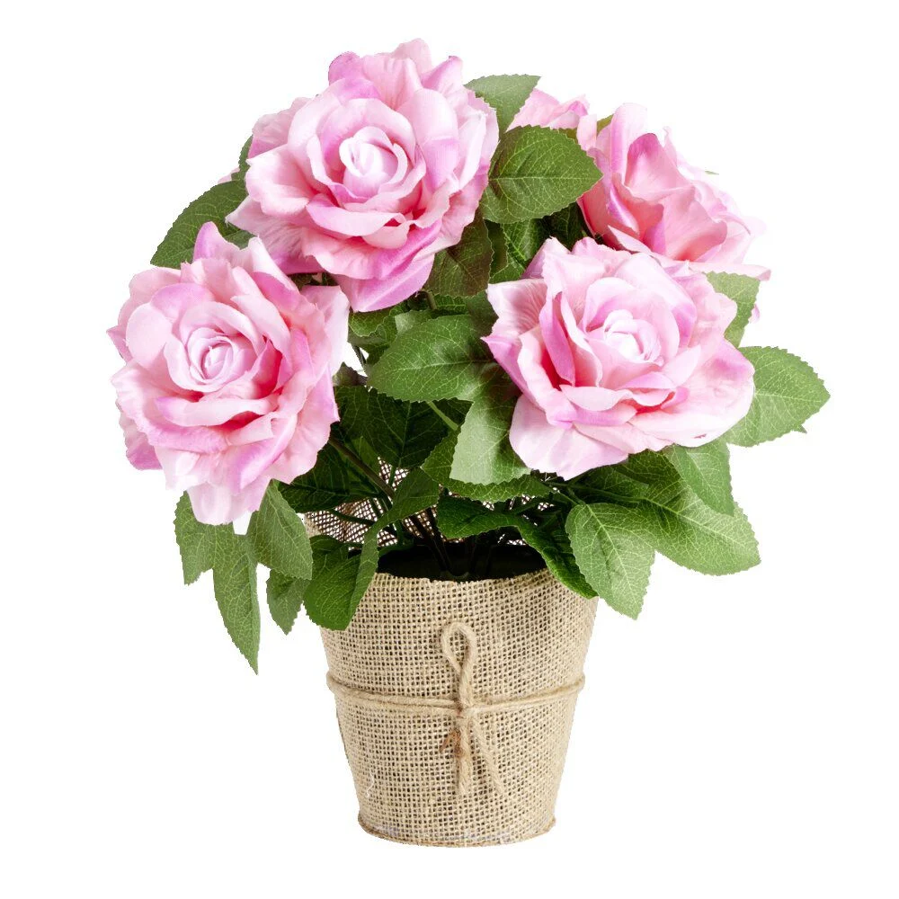 Pot de roses artificielles couleur rose 6 têtes H33cm