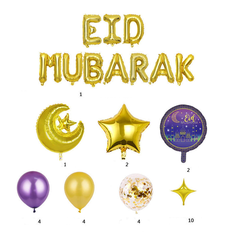 (28-tlg. Set) Ramadan Ballon Girlande Eid Mubarak Party Deko   Latex- & Folien Luftballons - Gold / Lila