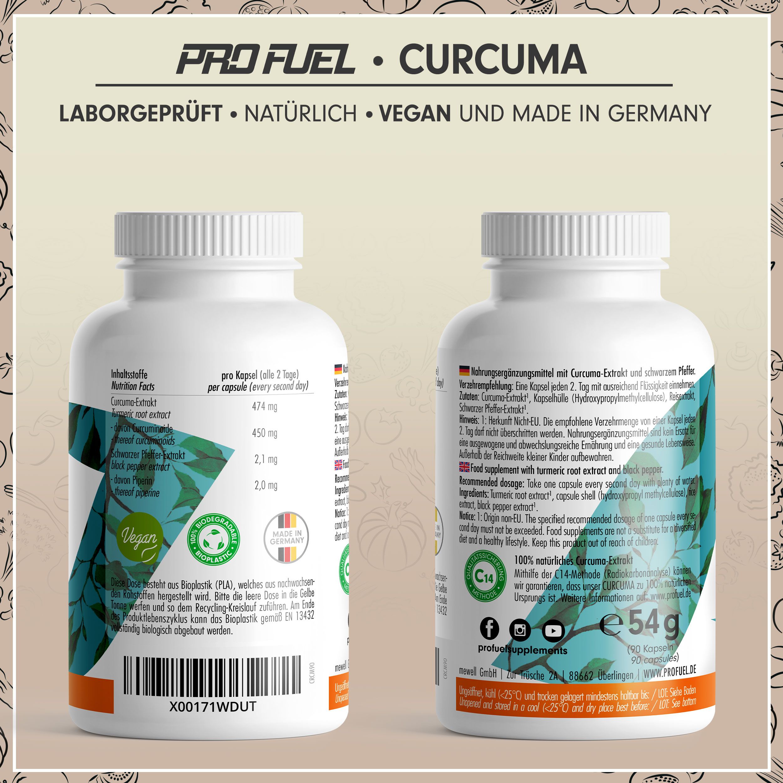 ProFuel - CURCUMA Kapseln mit 474mg Curcuma-Extrakt pro Kapsel, davon 450mg wertvolle Curcuminoide