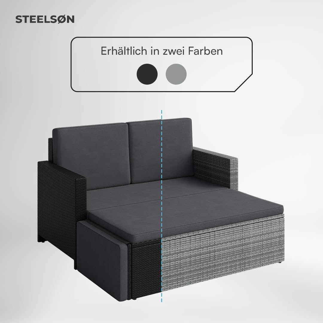 STEELSØN Gartenbank Elnath 2in1 Polyrattan, Gartensofa für 2 Personen mit Liegefunktion, Balkonmöbel mit Hocker 2er Sofa mit Polster wetterfest, Terrassenmöbel in schwarz/anthrazit 73x65x130 cm HxTxB