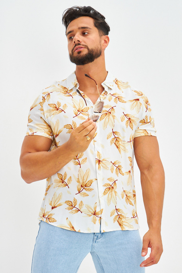 Chemise manches courtes motifs feuilles blanche