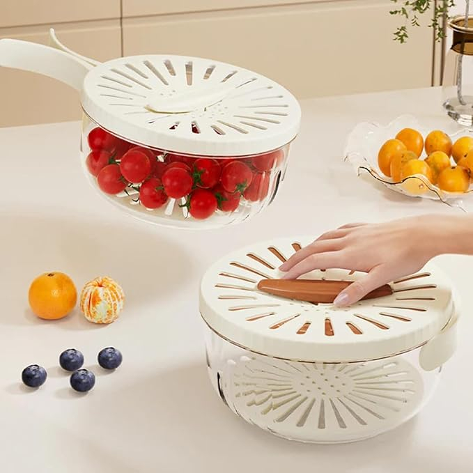 (Ø15.5cm) Waschsieb Obst / Gemüse Korb Küchensieb Spülbecken Abtropfkorb mit Deckel   Halte Griff - Transparent / Weiss