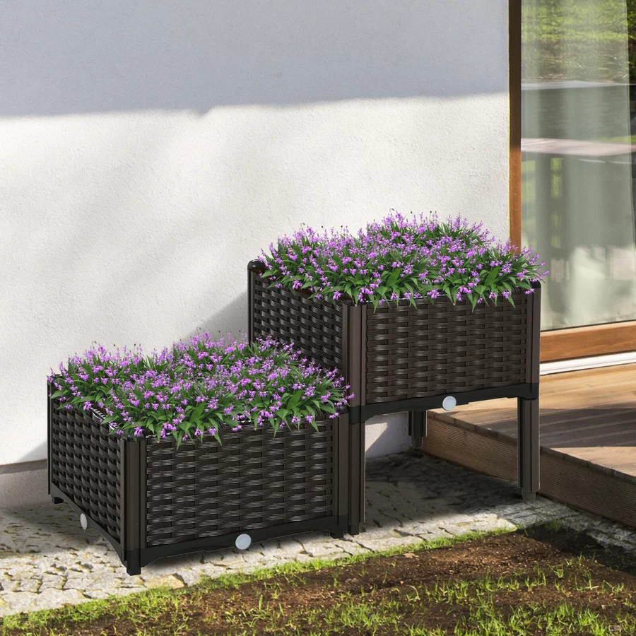 Outsunny 2-teiliges Hochbeet in Rattan-Optik dunkelbraun