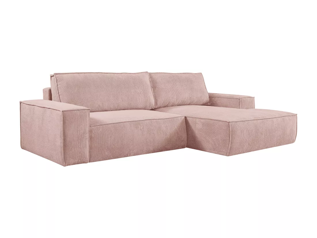 Canapé d'angle droit convertible en velours côtelé rose poudré AMELIA