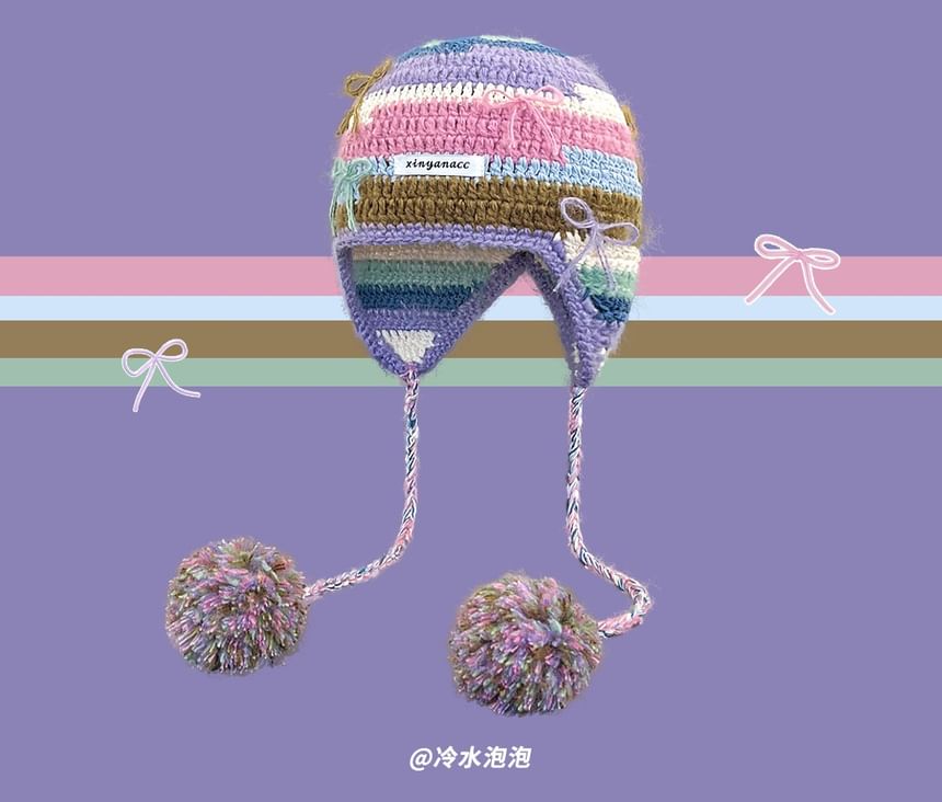 Anavanda - Pom Pom gestreepte gebreide muts