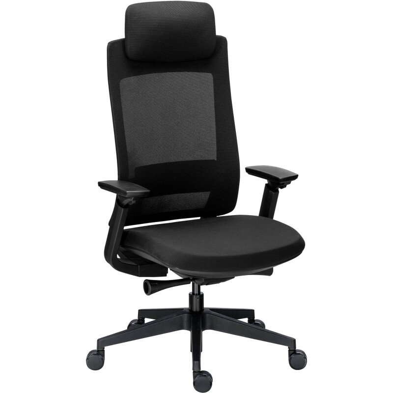 Chaise de bureau MARCUS tissu et maille - avec accoudoirs, appui-tête, réglage profondeur d'assise et soutien lombaire - Mécanisme Synchrone - Pieds noir
