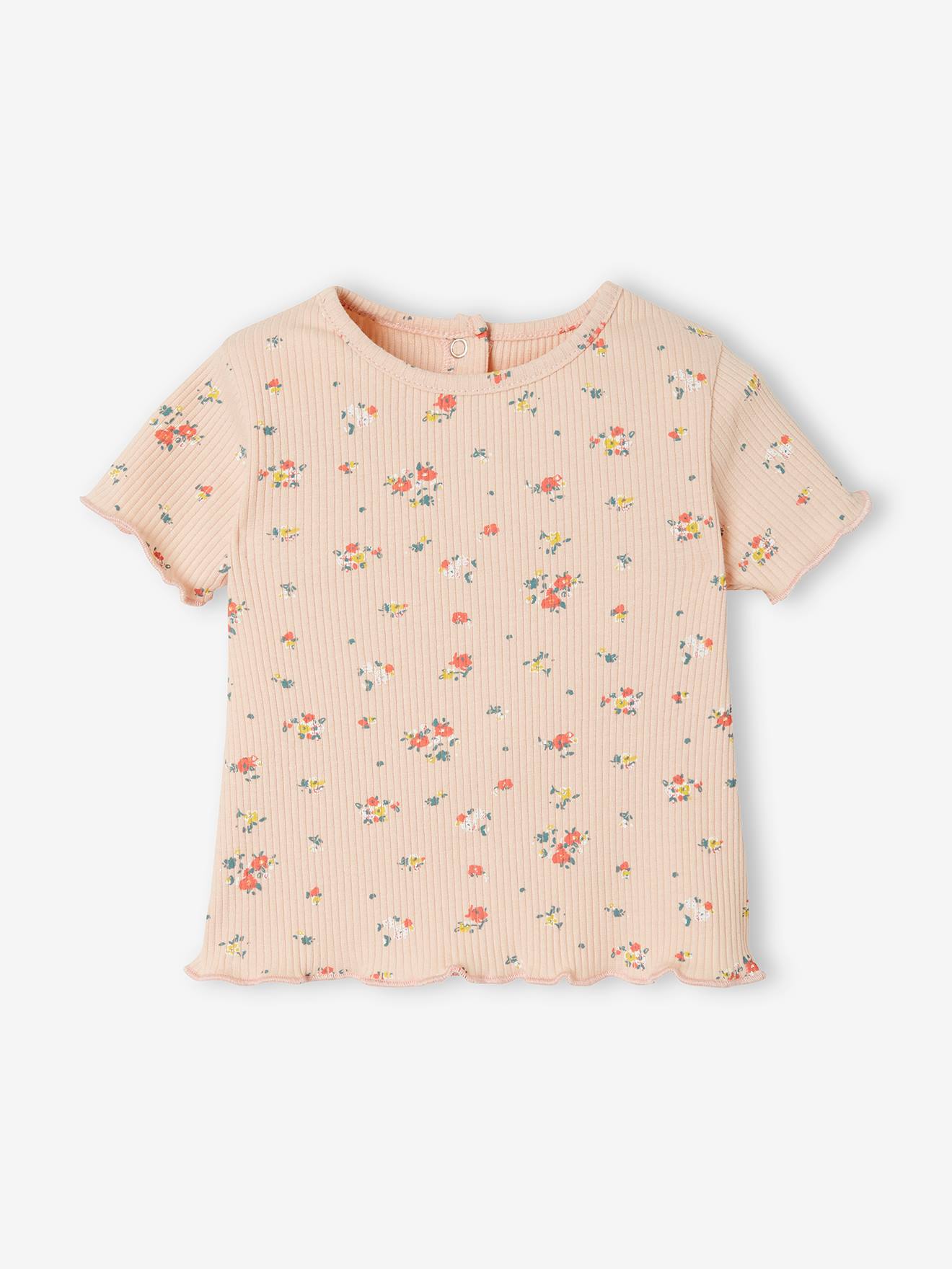 Camiseta floral canelada para bebê, estampa rosa claro