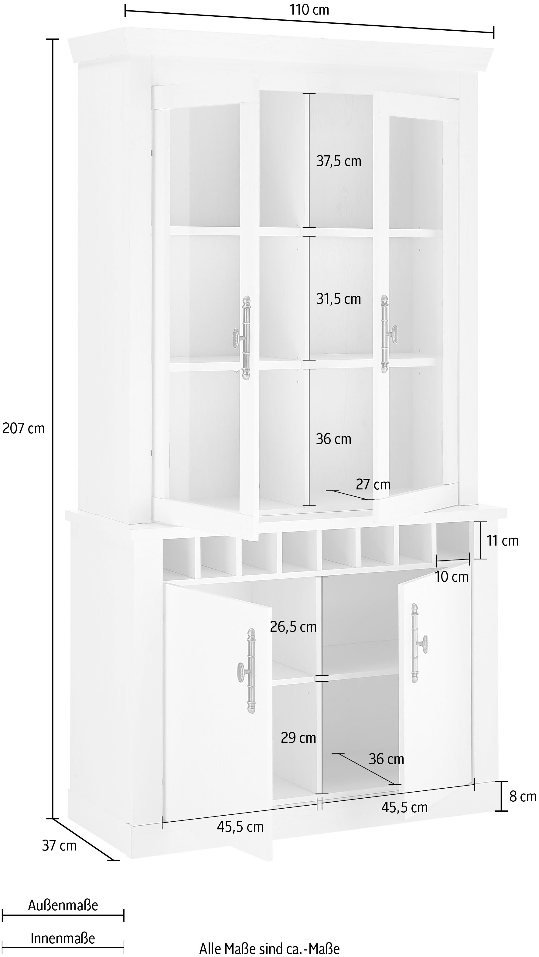 Home affaire Vitrine »RAVENNA« im romantischen Landhausstil, Griffe aus Metall, Höhe 207 cm