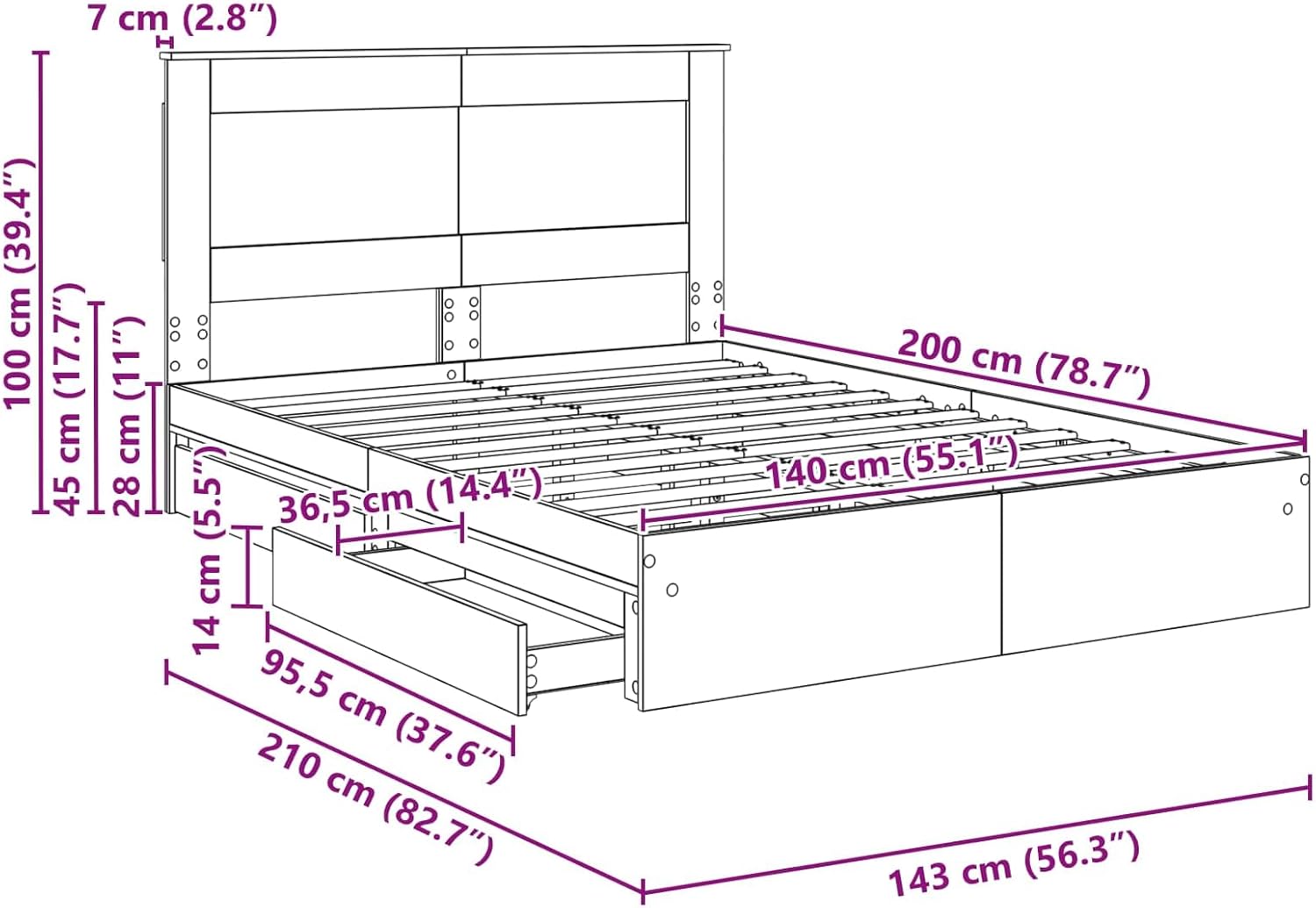 vidaXL Aufbewahrungsbett Sonoma-Eiche 140 x 200 cm Holzwerkstoff, Schlafzimmer, moderner Stauraum-Bett, rechteckiger Rahmen, schickes Schlafmöbel, eleganter Stil