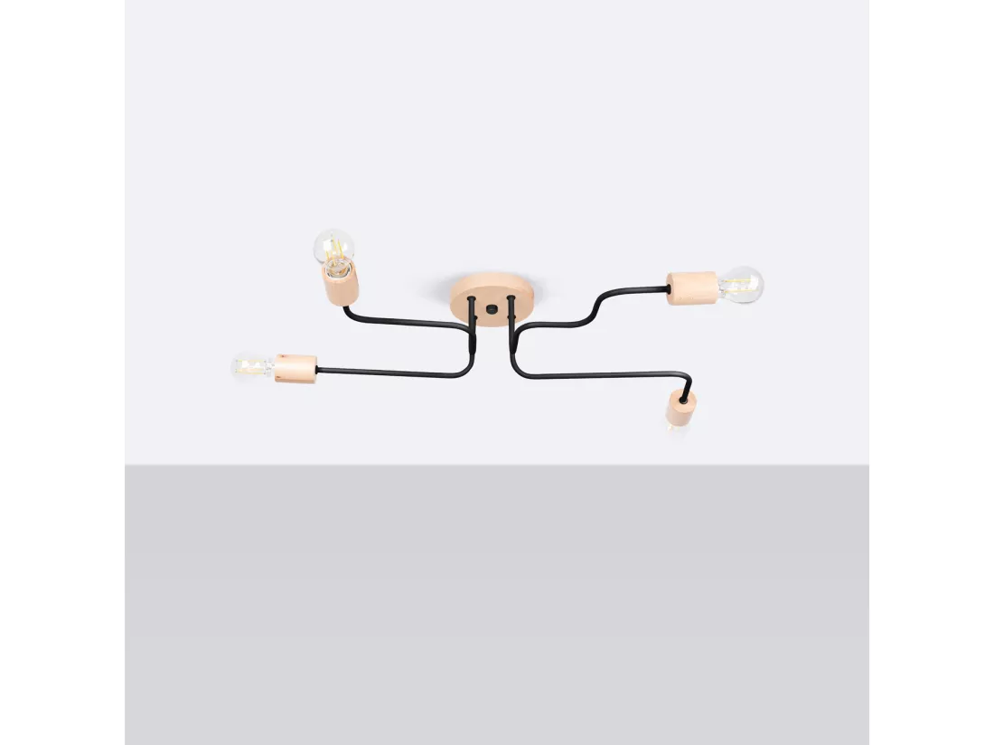Lustre Timbo grenier en acier/bois - 4 sources lumineuses - L.75 x H.16,5 cm - noir/bois naturel