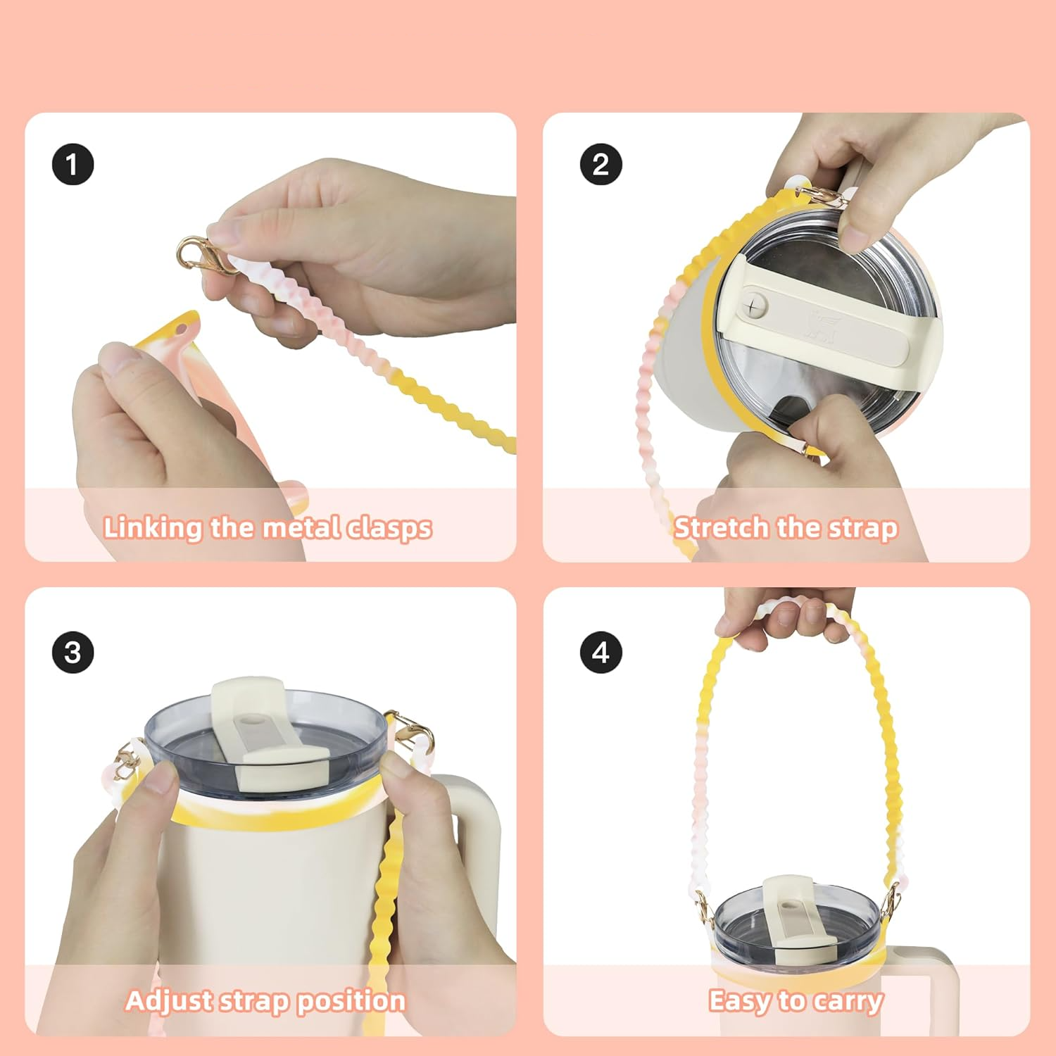 (Ø6x20cm) Silikon Flaschen Griff Halter Handschlaufe Accessoire für Stanley Cup Thermo Becher - Rosa / Gelb