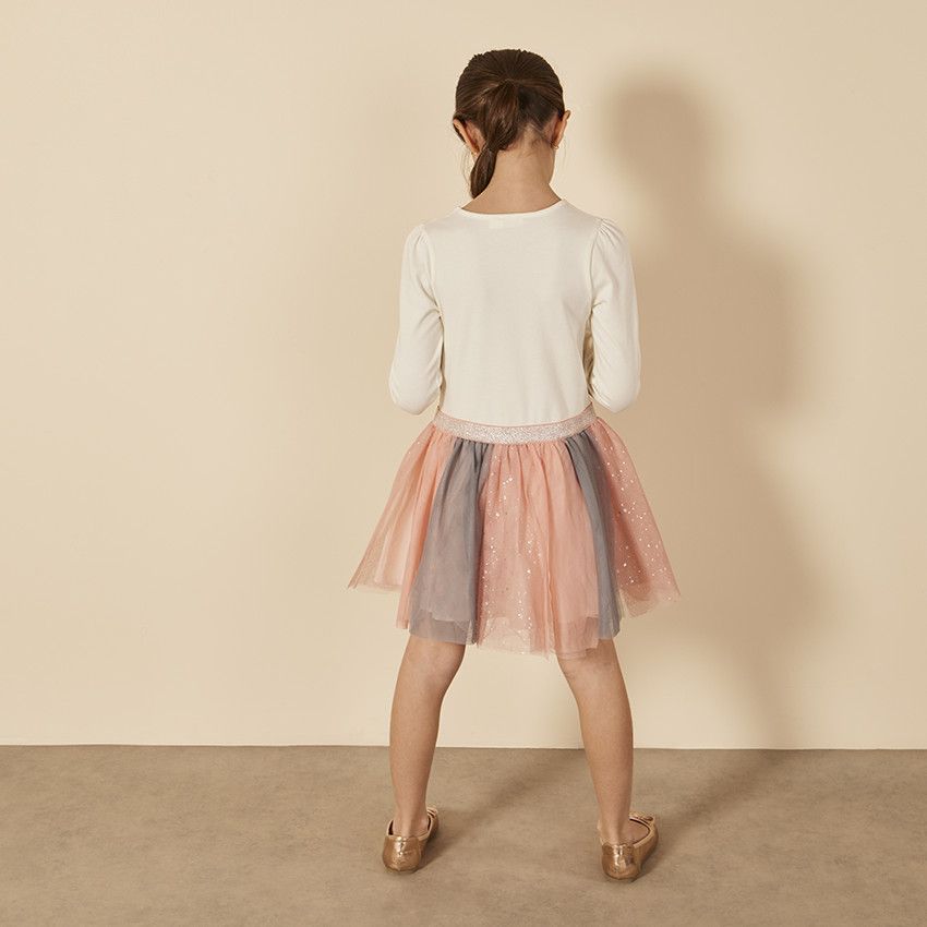 Robe bi-matière effet 2 en 1 avec tulle bicolore pour fille - Ecru