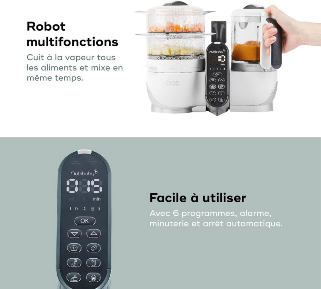 Babymoov Nutribaby(+), Robot cuiseur multifonction 6 en 1 pour bébé, cuiseur vapeur, grande capacité 2,2 L, petits pots maison, idéal pour diversifier les repas, vert opale