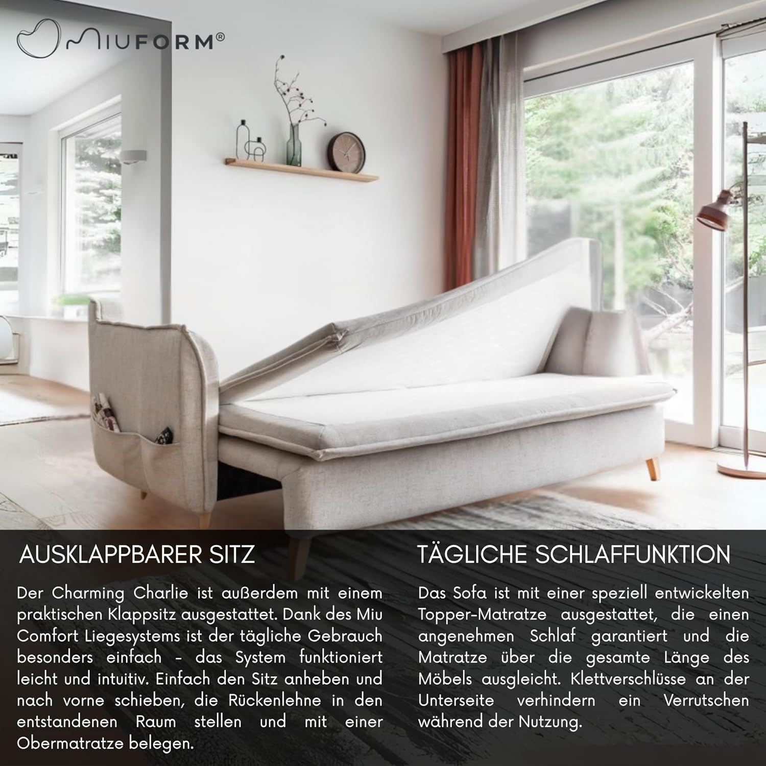 MIUFORM Charming Charlie Slim mit Bettkasten und mit Bettfunktion | 3 Sitzer Sofa | 225 x 90 x 85cm | Klappsofa mit Schlaffunktion | Schlafsofa klappbar (Beige)