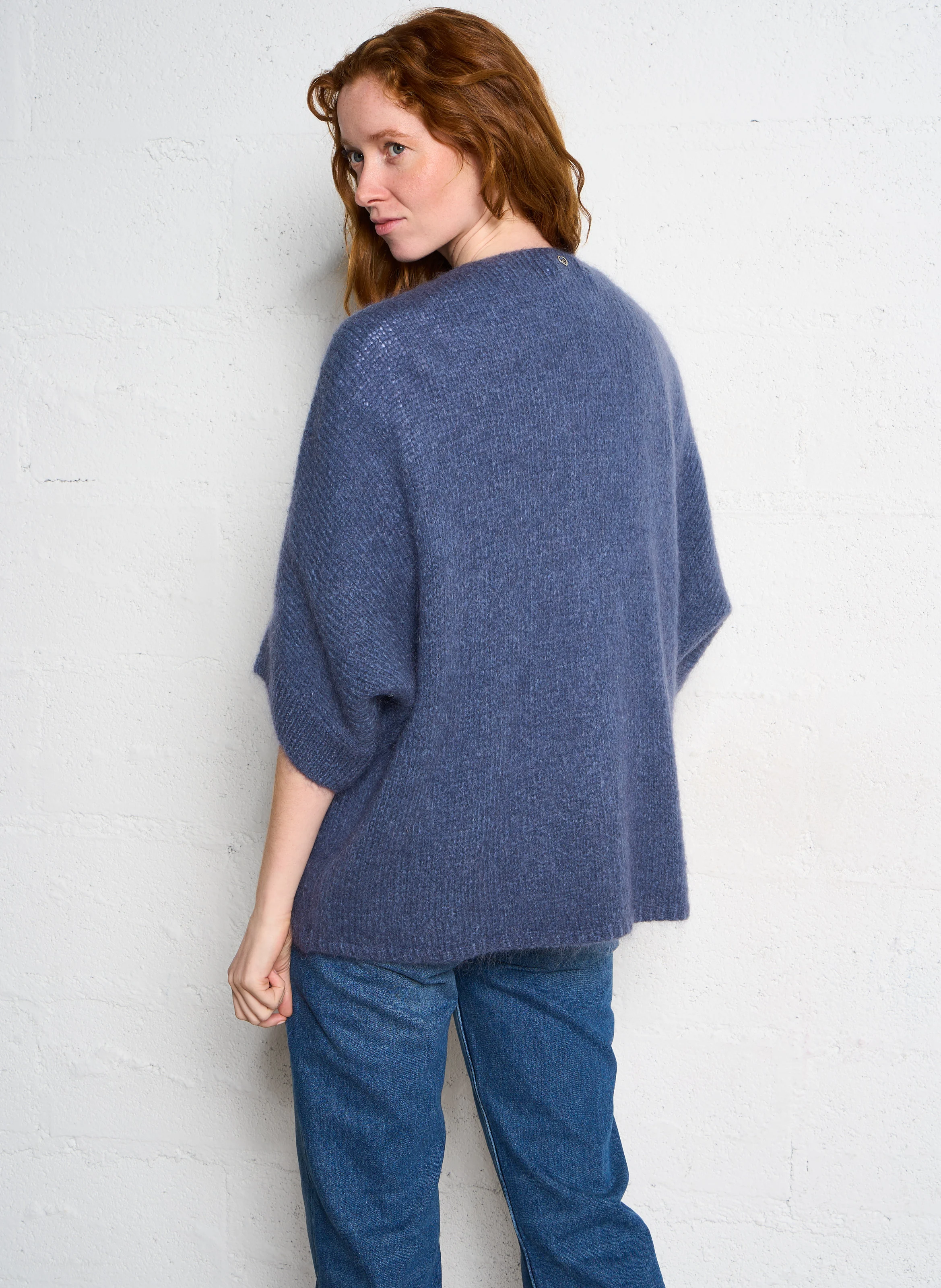 Gilet à col V ample en maille mélangée | Bleu
