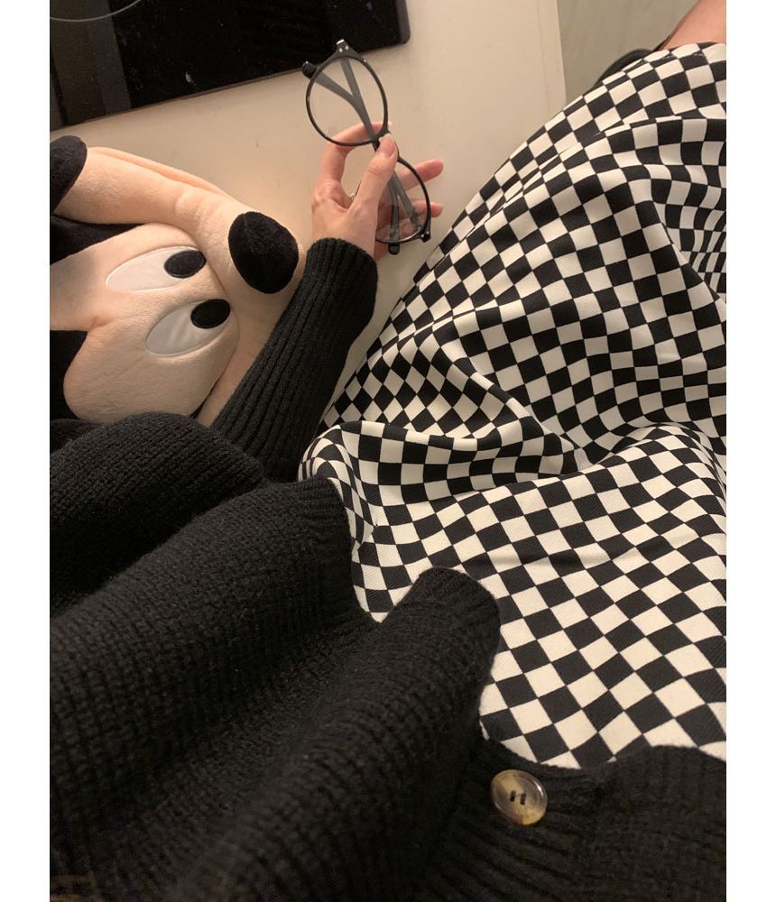 Monroll - Spaghettibandjes checkerboard mini-smokjurk / effen asymmetrische cropped cardigan