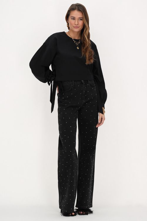 Zwarte poplin blouse met strikjes