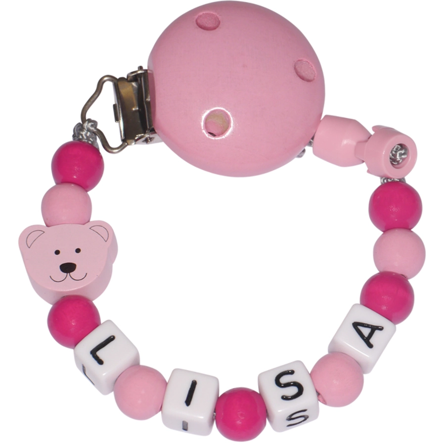 Schnullireich Schnullerkette mit Namen Kleiner Bär Rosa