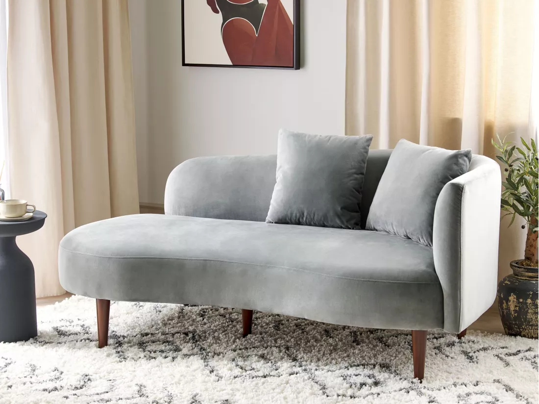 Chaise longue côté droit en velours gris clair CHAUMONT