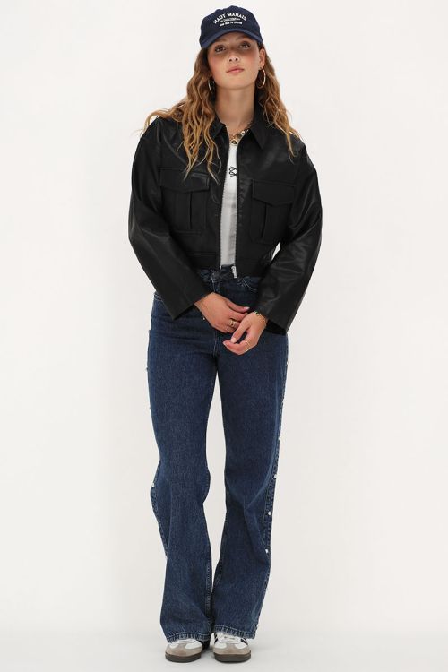 Zwart leather look jasje met zakken