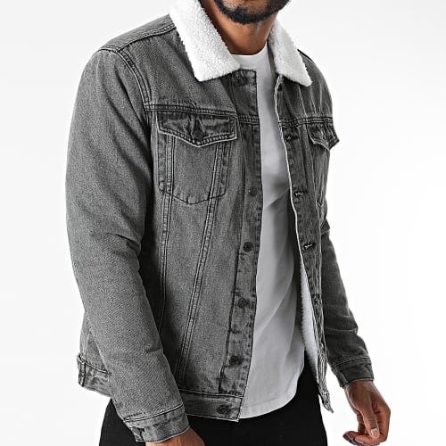 Veste Jean Col Fourrure Gris Anthracite