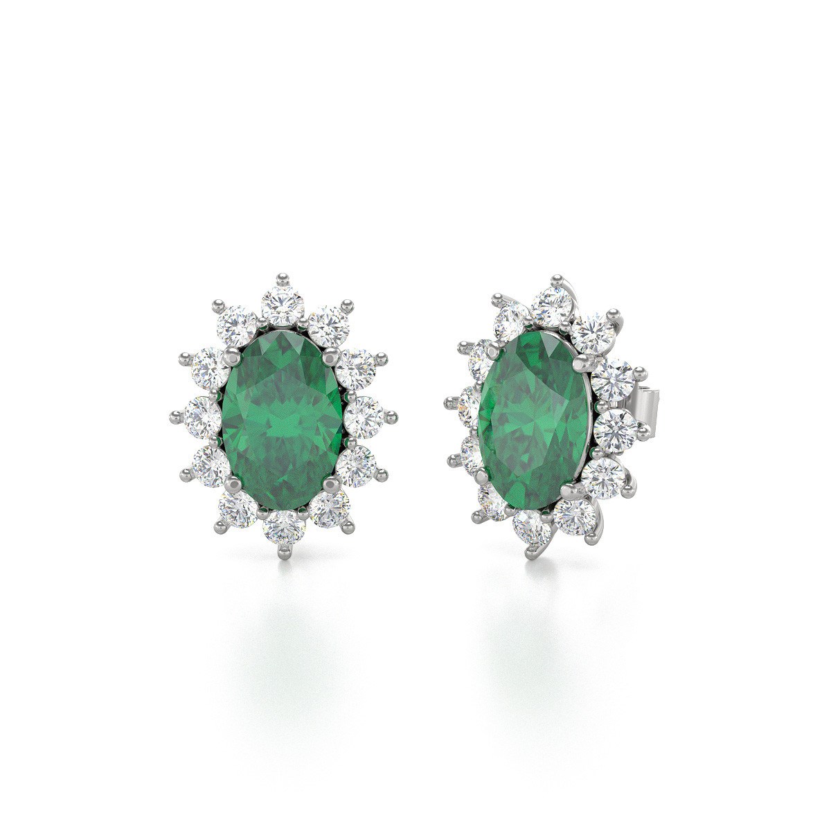 Boucles d'oreilles ADEN Or 585 Blanc et Emeraude Forme Marquise 1.4grs