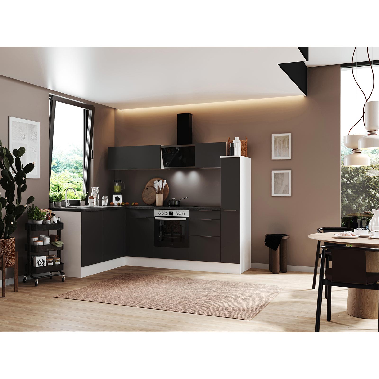 RESPEKTA Winkelküche - grau matt - weiß matt - mit E-Geräten - 250x175 cm