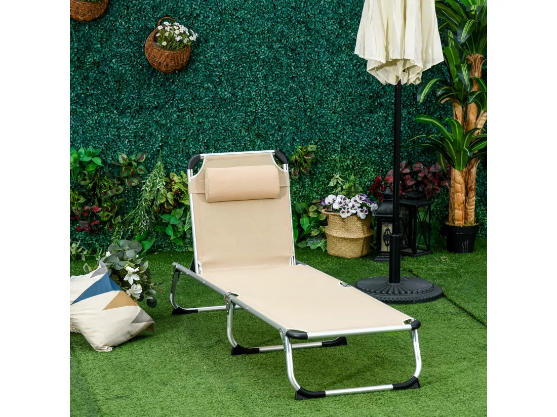 Bain de soleil transat pliable grand confort dossier réglable multi-position tétière alu. textilène beige