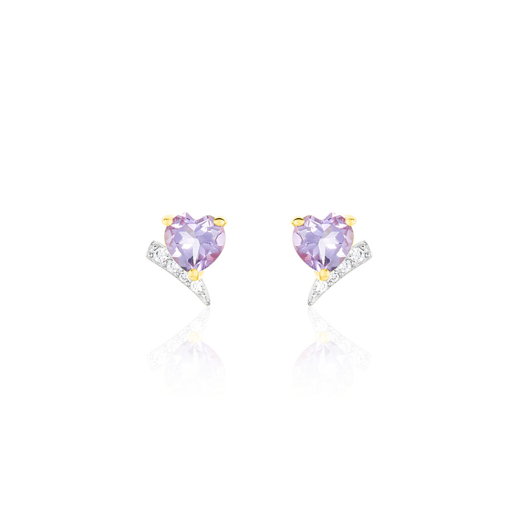 Boucles D'oreilles Puces Eva Or Jaune Amethyste Et Oxyde De Zirconium