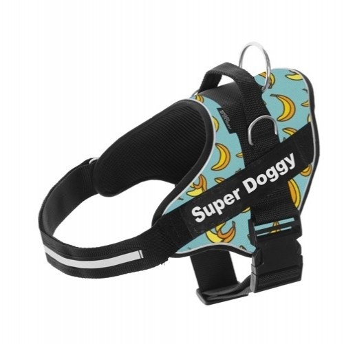 Coleira Super Doggy personalizada com estampa de banana na cor azul.