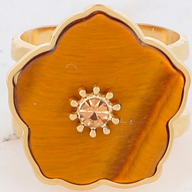 Bague fleur - Acier inoxydable doré,  cornaline, strass marron