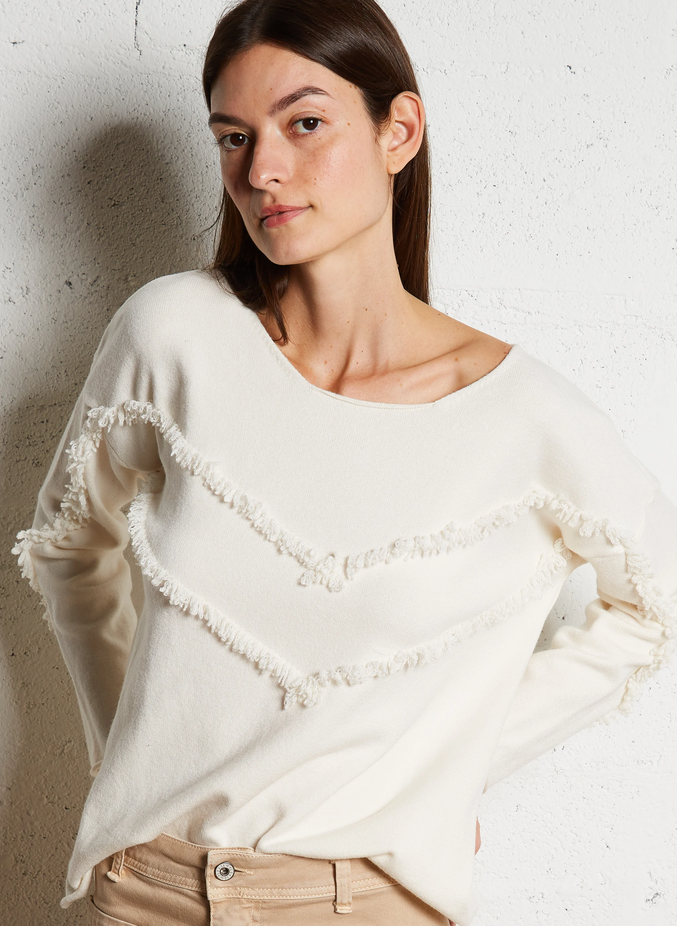Pull col rond à franges | Blanc