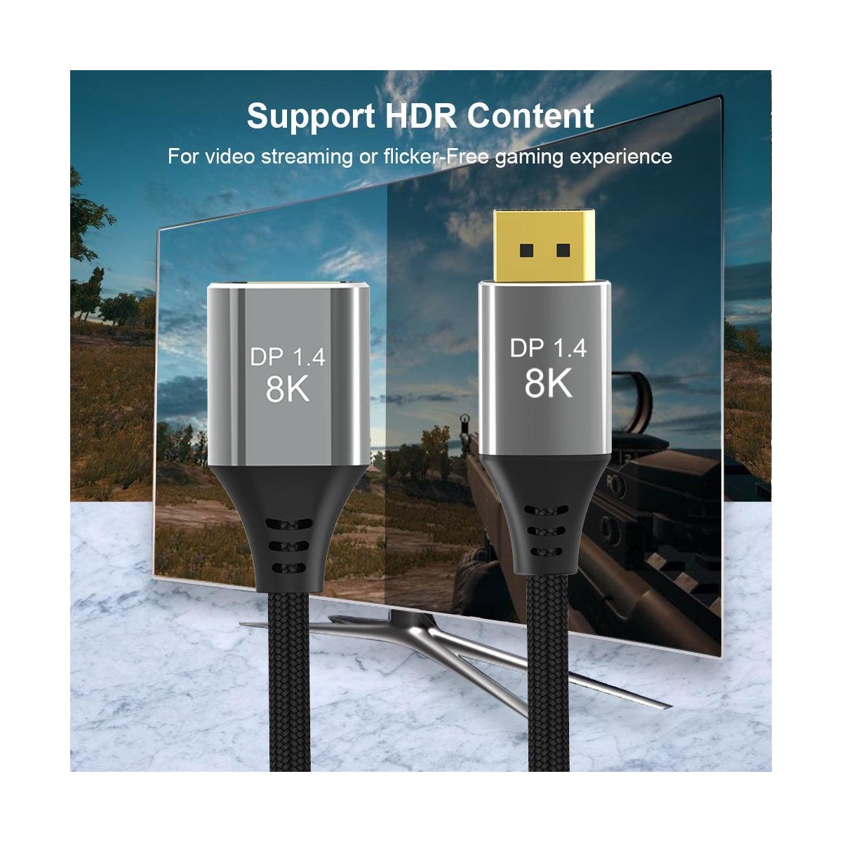 NÖRDIC 1,5 m Displayport 1,4 skjøtekabel UHD 8K60Hz 4K144Hz 32,4Gbps 10-bit HDR