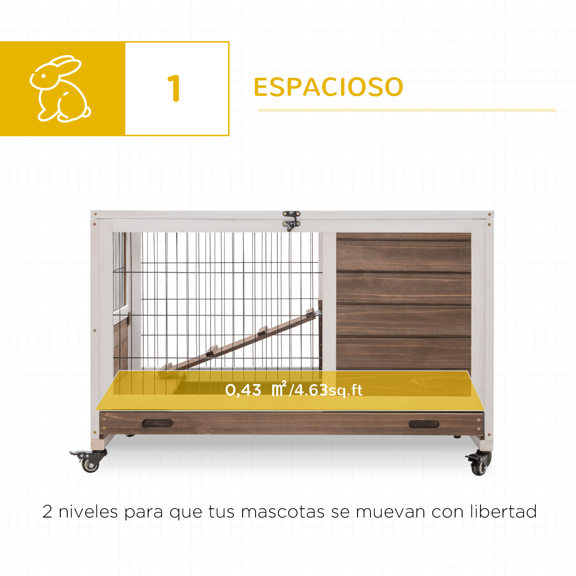 Gaiola de madeira PawHut para coelhos, gaiola portátil para pequenos animais de estimação, com teto que abre, rampa e bandeja removível, ideal para porquinhos-da-índia, 90x53x59 cm, marrom.