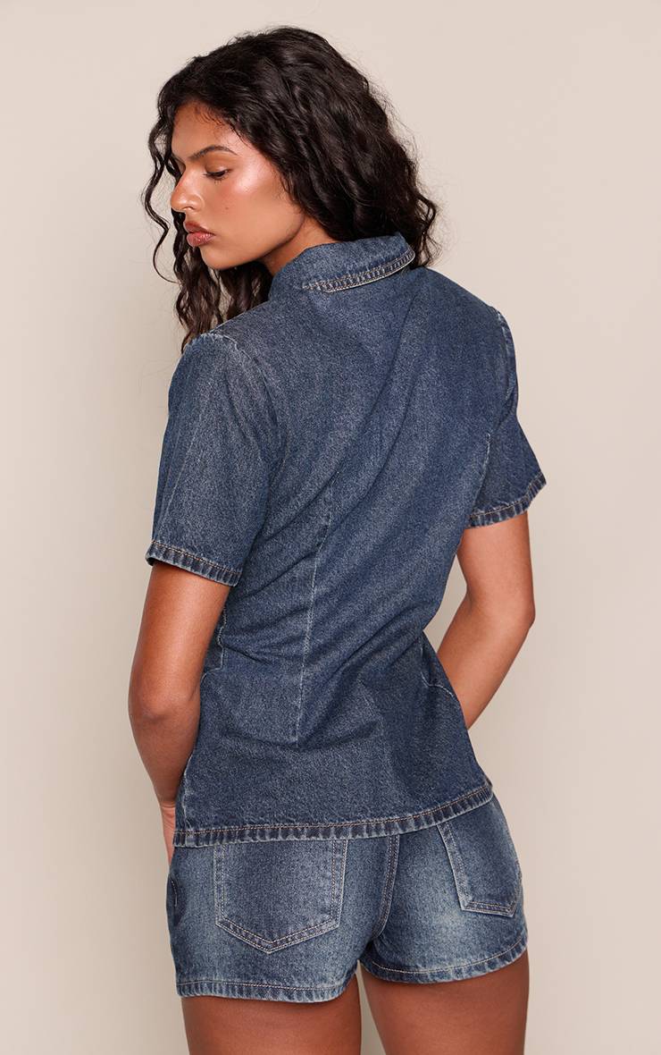 Bleu Vintage Chemise En Denim Bleu Foncé Vintage Cintrée & Cravate