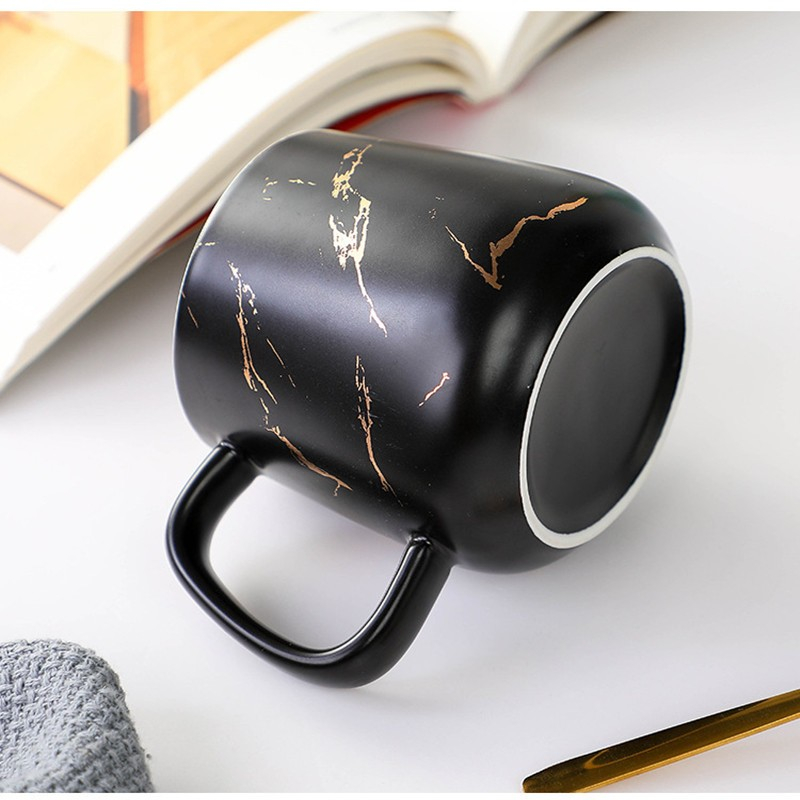 (2er Set) Keramik Kaffee Tasse Marmor Home Tee Cup mit Deckel   Löffel - Schwarz / Weiss